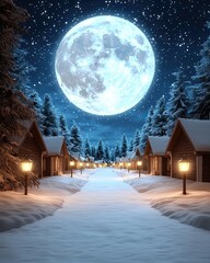 Obraz premium bathed in seasonal moonlight by Serene winter night with glowing moon and cabins.