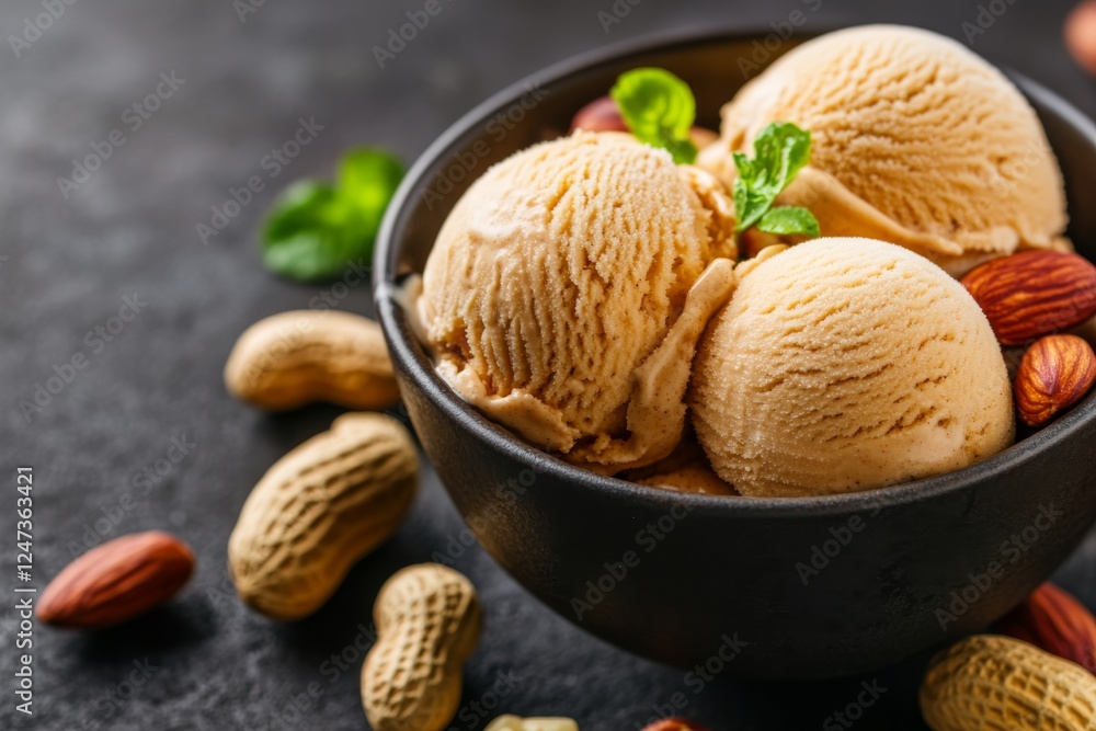 Poster spoonfuls of creamy peanut butter ice cream sit in a bowl, surrounded by scattered nuts, inviting in