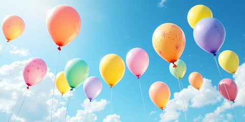 Fototapeta premium Colorful Balloons Floating Against a Bright Blue Sky with Fluffy White Clouds During a Celebration of Diversity and Inclusion Celebration. Festival Decorations. Happy Atmosphere. Outdoor Celebration