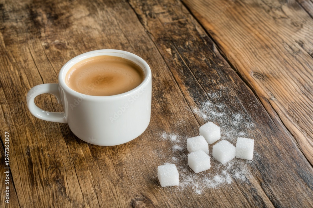Poster a cup of rich coffee sits beside a small pile of sugar cubes on a rustic wooden table, illuminated b