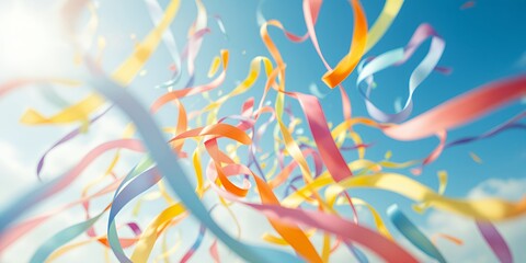 Obraz premium Colorful Cascading Ribbons Twirling in a Sky Celebrating a Celebration with Joy and Freedom of Expression for Pride Month. The Sky is Bright and Vibrant. The Vivid Colors Make a Joyful Display. The