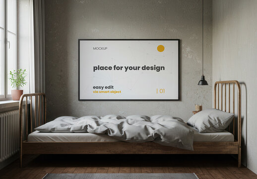 Horizontal Frame Poster Mockup on Single Bed