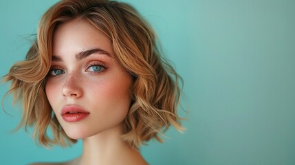 Fototapeta premium Blonde woman with wavy short hair, pastel blue background, glowing skin, stylish minimalism, serene portrait, soft lighting, elegant fashion, artistic photography, natural beauty