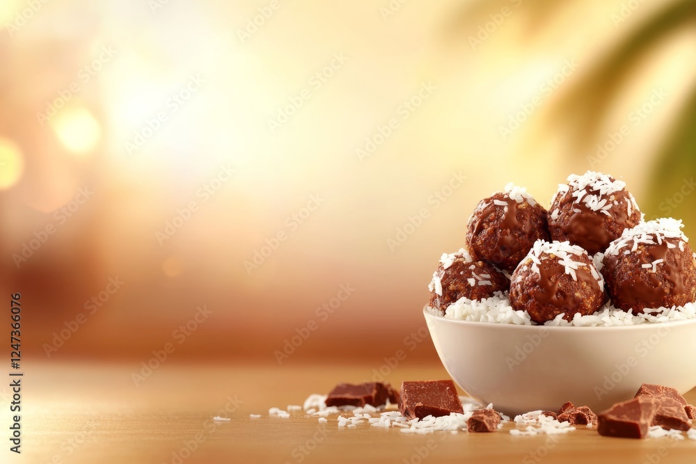 Poster close-up of delightful chocolate coconut energy bites arranged in a bowl, showcasing their texture a