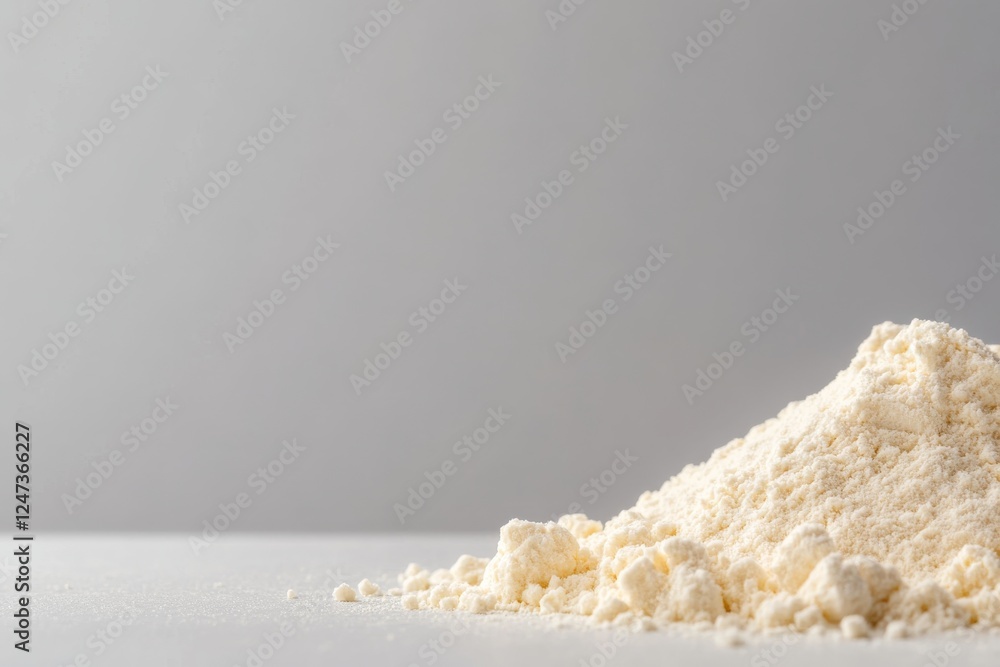 Poster close-up of fine white powder with clumps emphasizes its fresh and simple nature in a clean, bright 