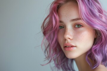 Purple-haired woman, freckled skin, natural beauty, pastel blue background, soft light, trendy hair color, youthful elegance, artistic portrait, modern photography

