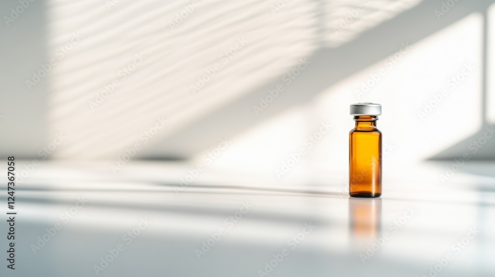 Aufkleber a solitary amber glass vial stands on a shiny white surface, illuminated by soft studio lighting, sh