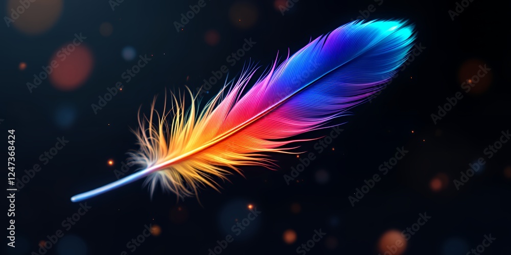 Poster colorful feather with a gradient of colors set against a dark background with a dreamy atmosphere an