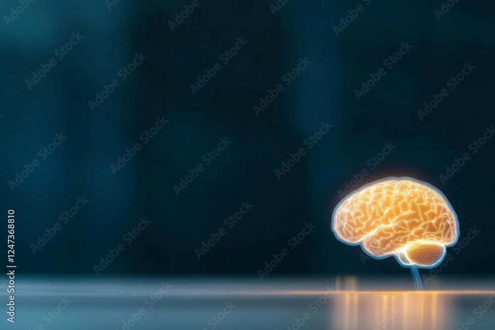 Leinwandbilder Close-up view of a glowing human brain with intricate neural patterns merged with a microchip, emitting vibrant light trails that symbolize technological evolution