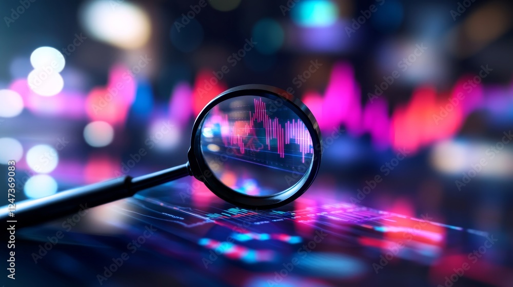 Aufkleber Close-up view features a glowing ultraviolet screen filled with vibrant graphs and magnifying icons, emphasizing data analysis and SEO in a high-tech setting