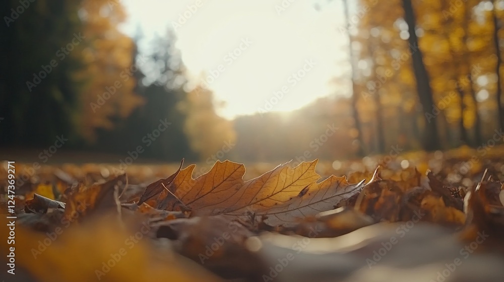 Poster maple leaf rests on a colorful forest floor. the ground is covered with warm orange and yellow folia