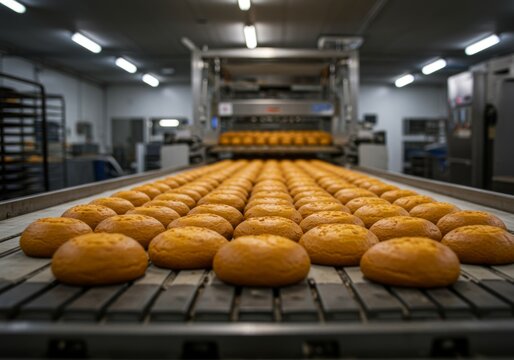 Industrial bakery conveyor line with rows of freshly baked goods, illuminated by warm factory lights.