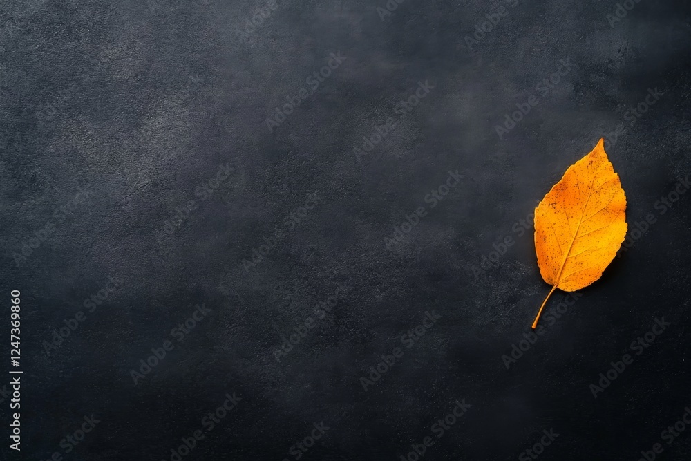 Poster close-up view of a golden leaf resting on a dark surface, illuminated by gentle light that highlight