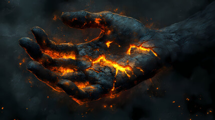 Cursed hand with charred skin and glowing cracks, evoking sense of dread. Cursed & Haunted Objects. Illustration