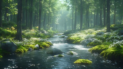 Fototapeta premium Sunlit stream flows through misty forest; background, tranquil nature scene; website/game use