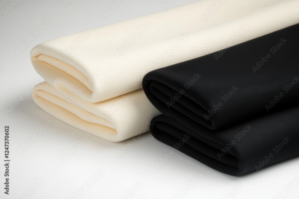 Poster piles of black, white, and beige linens are neatly stacked on a white background, illuminated by sof