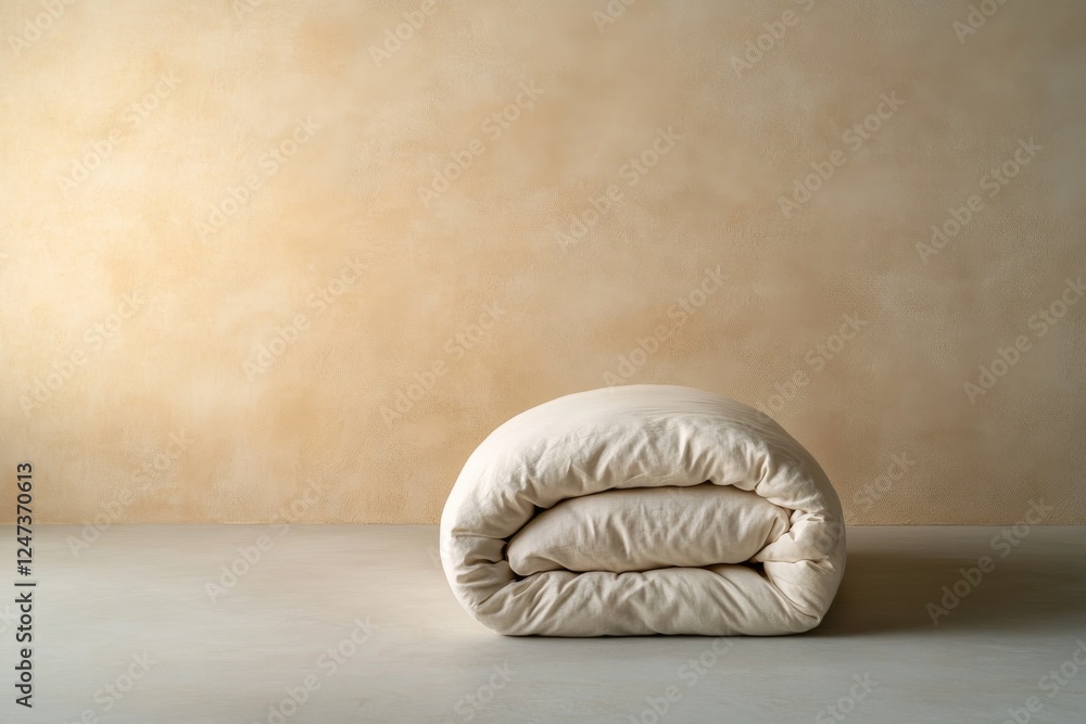 Poster a neatly arranged white bedding set with a soft pillow and folded duvet rests on a clean, neutral su