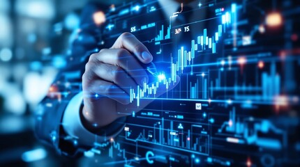 Obraz premium Financial technology, futuristic stock market graph, digital data visualization, blue holographic display
