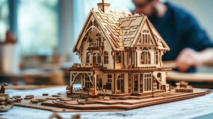 Detailed Wooden Model House Under Construction in a Craft Workshop with Focused Artisan