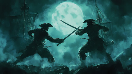 Naklejka premium Ghostly pirate duel, fighting for cursed treasure, moonlit battlefield, watercolor style. Cursed & Haunted Objects. Illustration