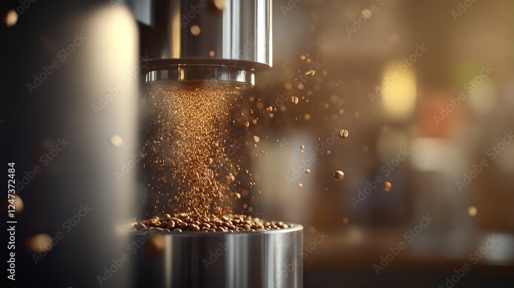 Poster Freshly ground coffee beans cascade from a metal grinder into a container, showcasing rich textures in a soft workshop backdrop with ample copy space