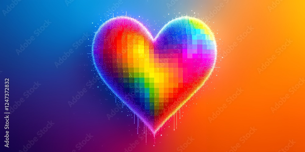 Poster colorful pixelated heart representing love and inclusion during pride month against a gradient backg