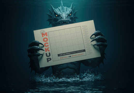 Sea Monster Holding Sign Mockup