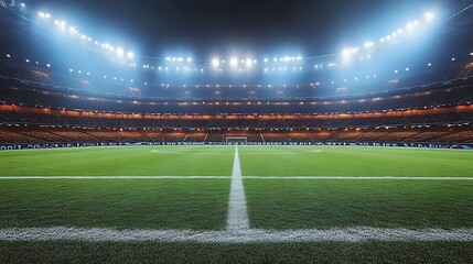 Fototapeta premium Nighttime view of a soccer stadium field and stands