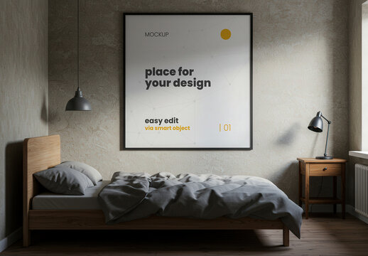 Square Poster Mockup on Simple Bed