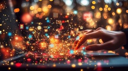 Glowing Digital Interaction with Sparkling Icons and Symbols at an Innovative Workspace