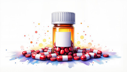 Watercolor illustration of medicine bottle with pills, World Malaria Day