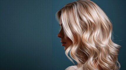 Fototapeta premium Side profile of blonde woman with loose waves, soft curls, natural shine, glowing skin, dark blue background, elegant hairstyle, beauty portrait, radiant and timeless style