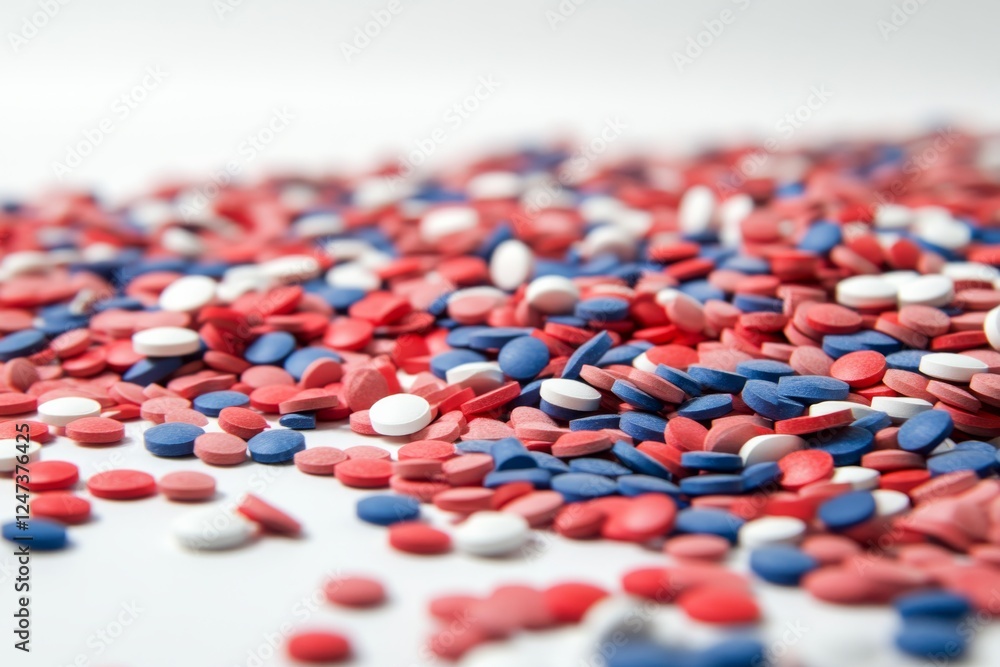 Poster a collection of red, white, and blue pills is scattered across a clean white surface, illuminated by