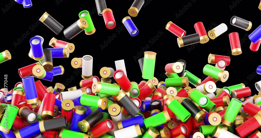 Poster colored shotgun shells falling and fill the screen. 3d animation on transparent background