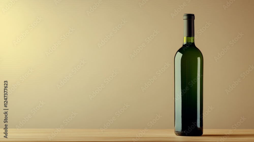 Poster a dark green glass bottle stands upright against a pastel beige background, showcasing its sleek des