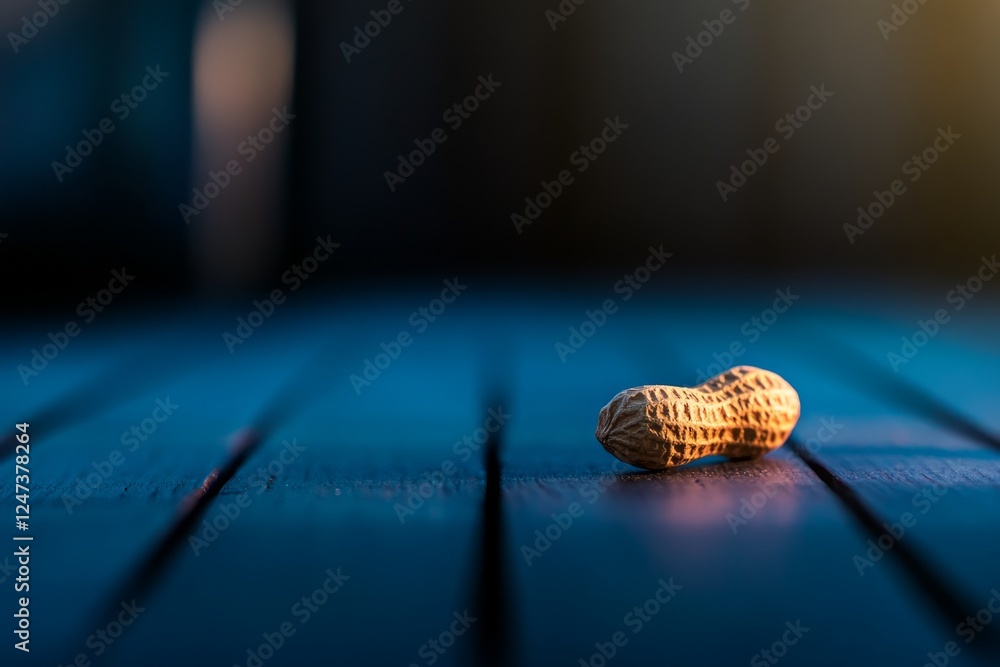 Poster A single double peanut pod rests on a clean wooden surface, showcasing its textured shell and surrounded by soft shadows that enhance its natural appeal