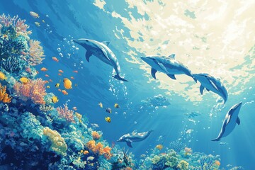 Naklejka premium Dolphins swim gracefully amongst vibrant coral reef in ocean