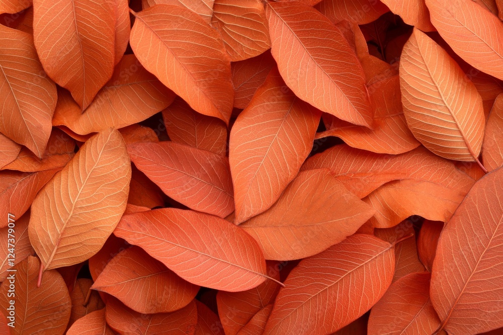 Poster close-up view showcasing vibrant orange autumn leaves with intricate veins illuminated by soft light