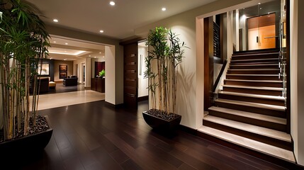 Modern home interior, elegant hallway, staircase, potted plants, living room view
