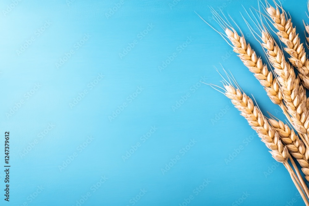 Poster a detailed close-up of a single wheat stalk highlights the texture and grains against a clean blue b