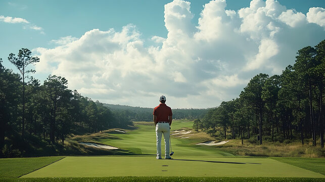 A golfer standing on a tee box with a driver, ready to take the first shot of the round.