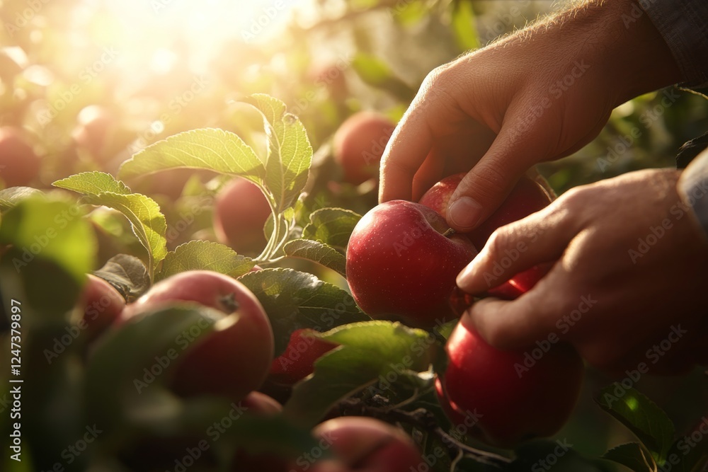 Poster hands delicately select ripe apples from a tree in an orchard, surrounded by vibrant green leaves an