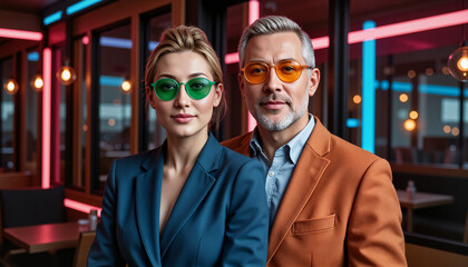 Confident middle-aged couple in colorful retro glasses posing in urban setting
