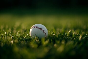 A baseball rests on freshly cut grass, captured at a low angle that brings attention to its texture while allowing for design space on the left side