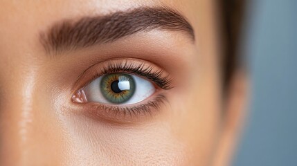 A young woman&rsquo;s eye prominently displays her green iris and contact lenses, highlighting dryness and tiredness, alleviated by soothing eye drops