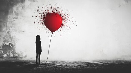 Silhouette of child with red balloon in abstract art scene