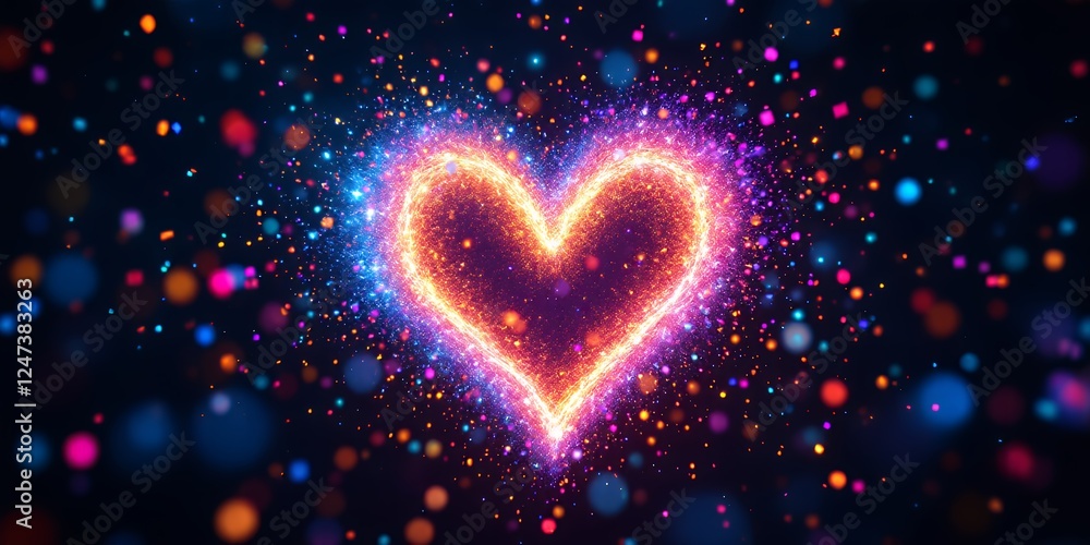 Poster heart-shaped display of sparkling multicolored particles against a dark background for pride month c
