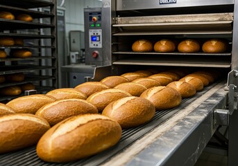Bread loaves on an industrial baking conveyor in a modern bakery. Freshly baked bread moving along a production line.