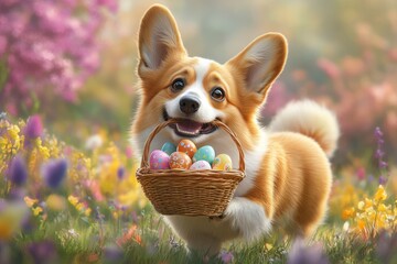 Funny Corgi with an Easter Egg Basket in a Meadow – Playful Spring Scene