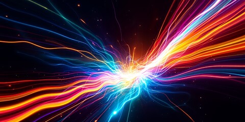 Fototapeta premium Vibrant Abstract Flow of Colorful Light Trails in Neon Hues Against a Dark Background